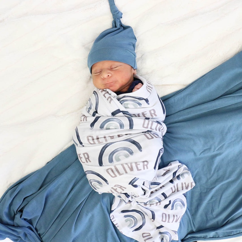 Brooks’ Blue Rainbows Personalized Swaddle Blanket
