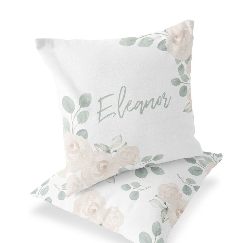 Eleanor’s Sage and Ivory Floral Personalized Name Throw Pillow