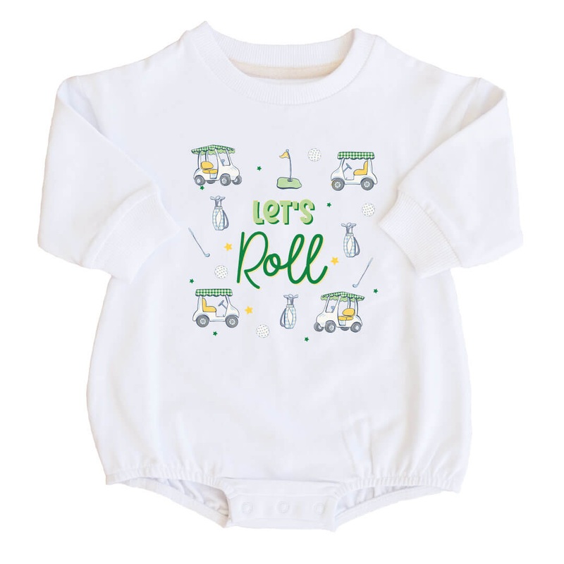 Let’s Roll Graphic Sweatshirt Bubble Romper | White
