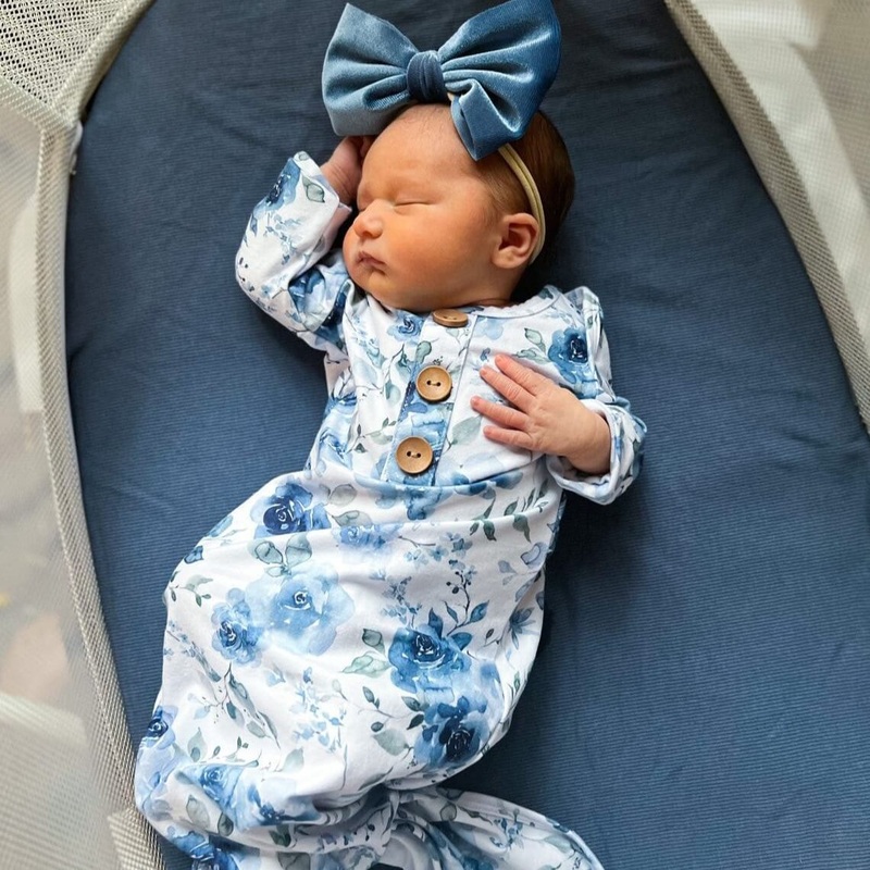 Bailey’s Blue Floral Newborn Baby Knot Gown & Hat Set