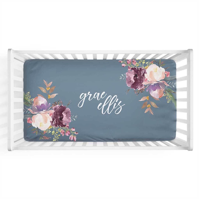 Grae’s Dusty Blue Floral Personalized Crib Sheet