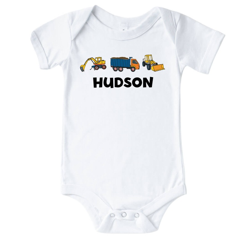 Personalized Construction Trucks Graphic Bodysuit | White