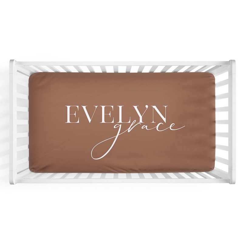 Personalized Crib Sheet in Camel | Modern Font Duo