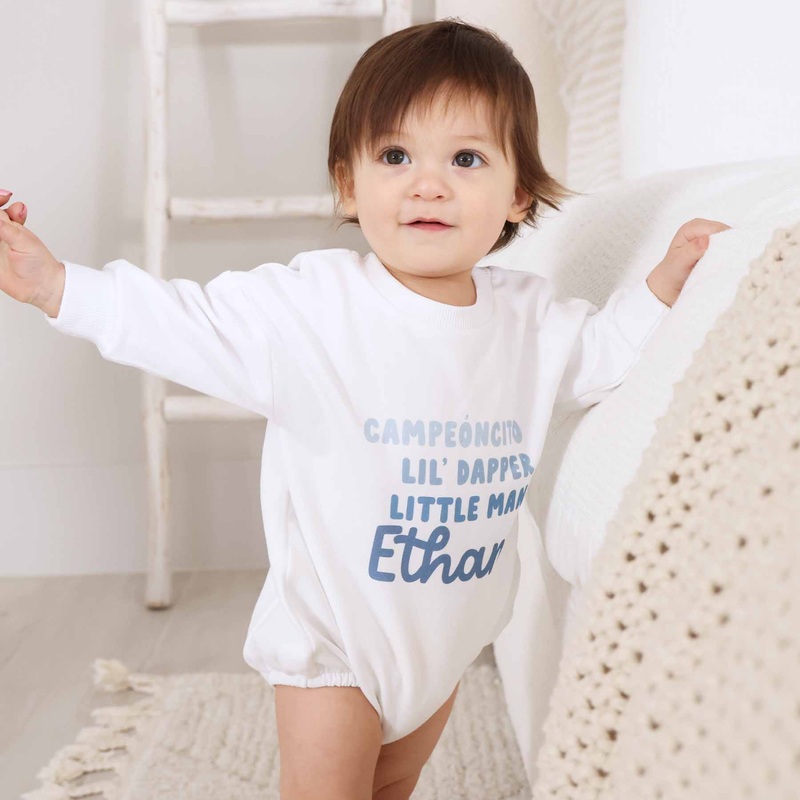 Personalized Dusty Blue Nickname Graphic Sweatshirt Bubble Romper | White