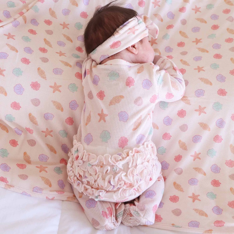 Saltwater Shells Bamboo Waffle Zipper Ruffle Footie