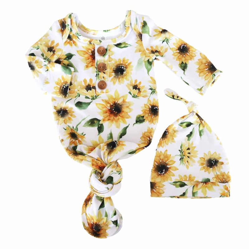 Savannah’s Sunflowers Newborn Baby Knot Gown & Hat Set