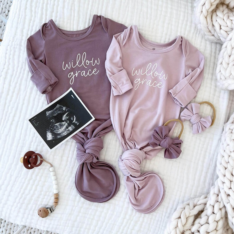 Personalized Bamboo Newborn Baby Knot Gown | Lovely Lilac – Script