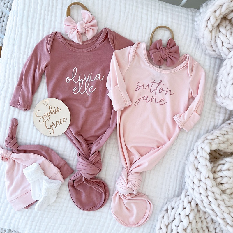 Personalized Bamboo Newborn Baby Knot Gown | Pretty in Pink – Script