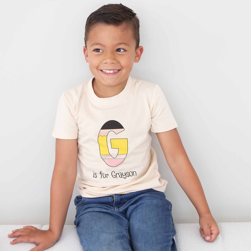 Personalized Pencil Letters Kids Graphic Tee | Natural