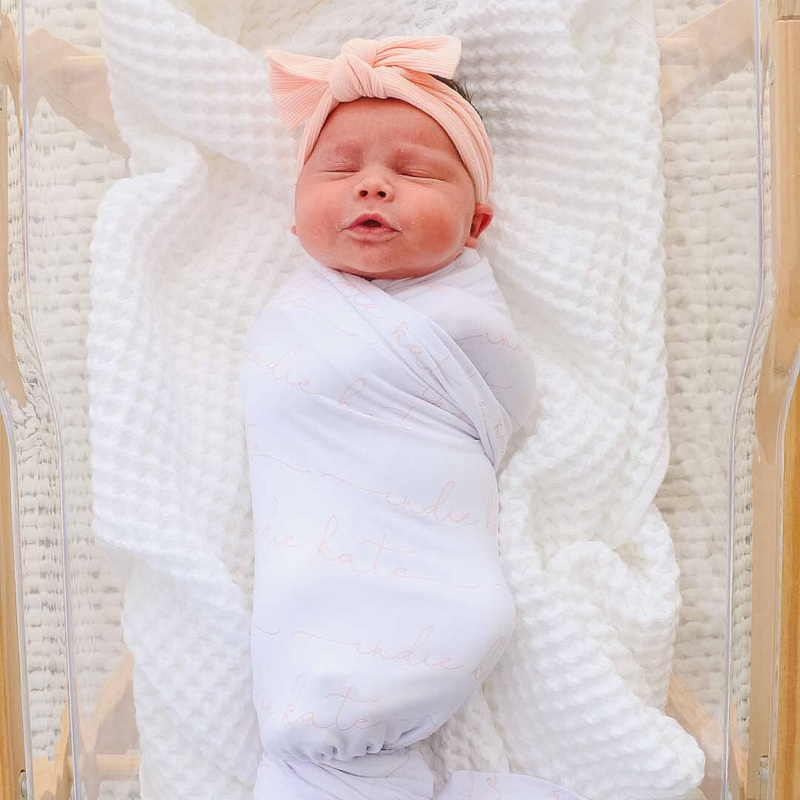 Personalized Peony Pink on Pure White Baby Name Swaddle Blanket – Script