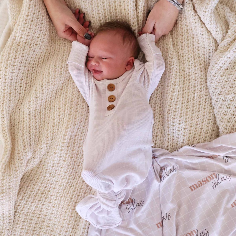 Sloane’s Squares Bamboo Waffle Newborn Baby Knot Gown & Hat Set