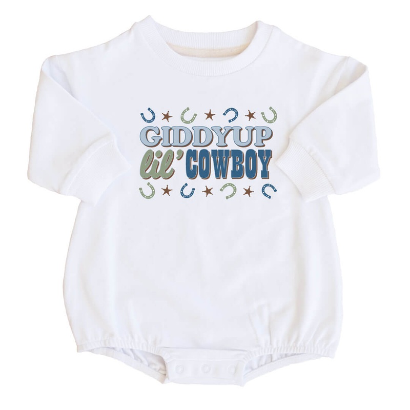 Giddy Up Graphic Sweatshirt Bubble Romper | White