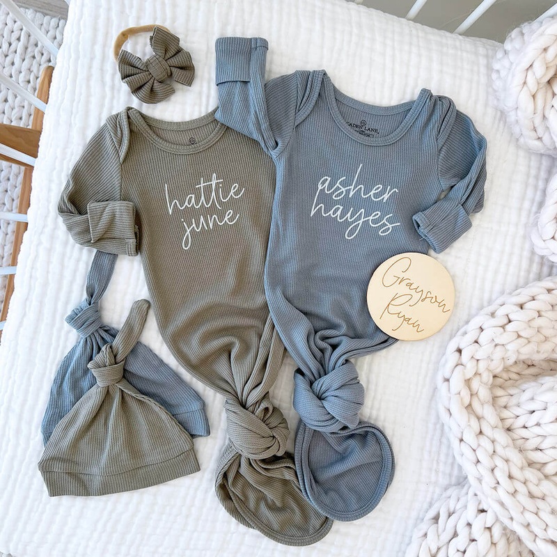 Personalized Bamboo Newborn Baby Knot Gown | Nature Neutrals – Script