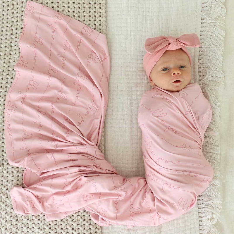 Personalized Light Rose on Pink Baby Name Swaddle Blanket – Script