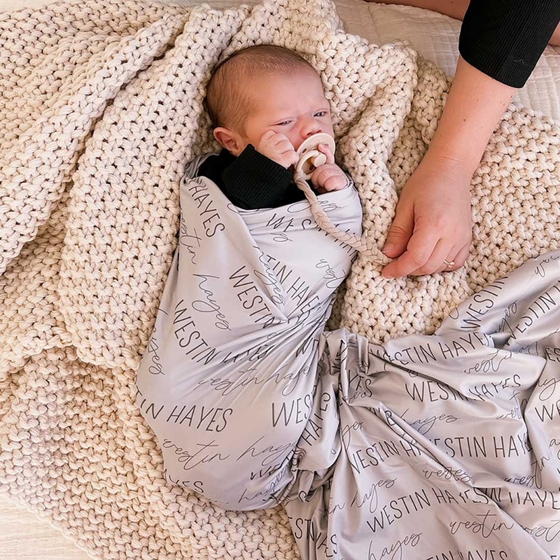 Personalized Slate Gray Baby Name Swaddle Blanket – Block & Script