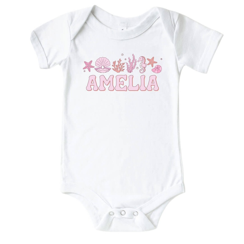 Personalized Tiny Tides Pink Graphic Bodysuit | White