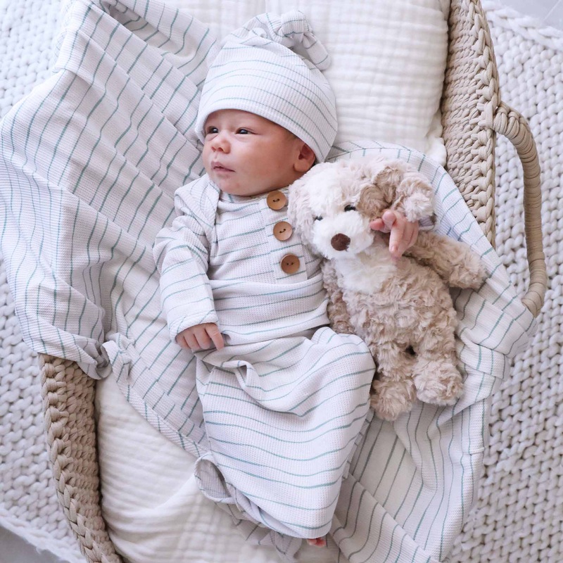 Sage’s Stripes Bamboo Waffle Newborn Baby Knot Gown & Hat Set
