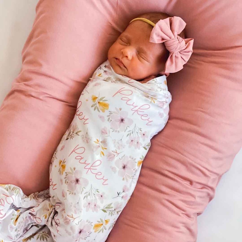 Maeve’s Mauve & Mustard Floral Personalized Baby Name Swaddle
