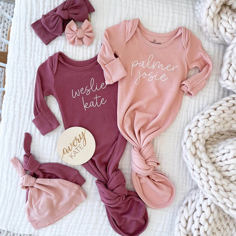 Personalized Bamboo Newborn Baby Knot Gown | Sweet Waffles – Script