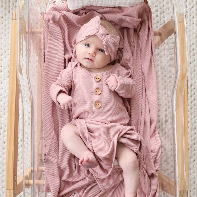Vintage Rose Bamboo Waffle Newborn Baby Knot Gown & Hat Set