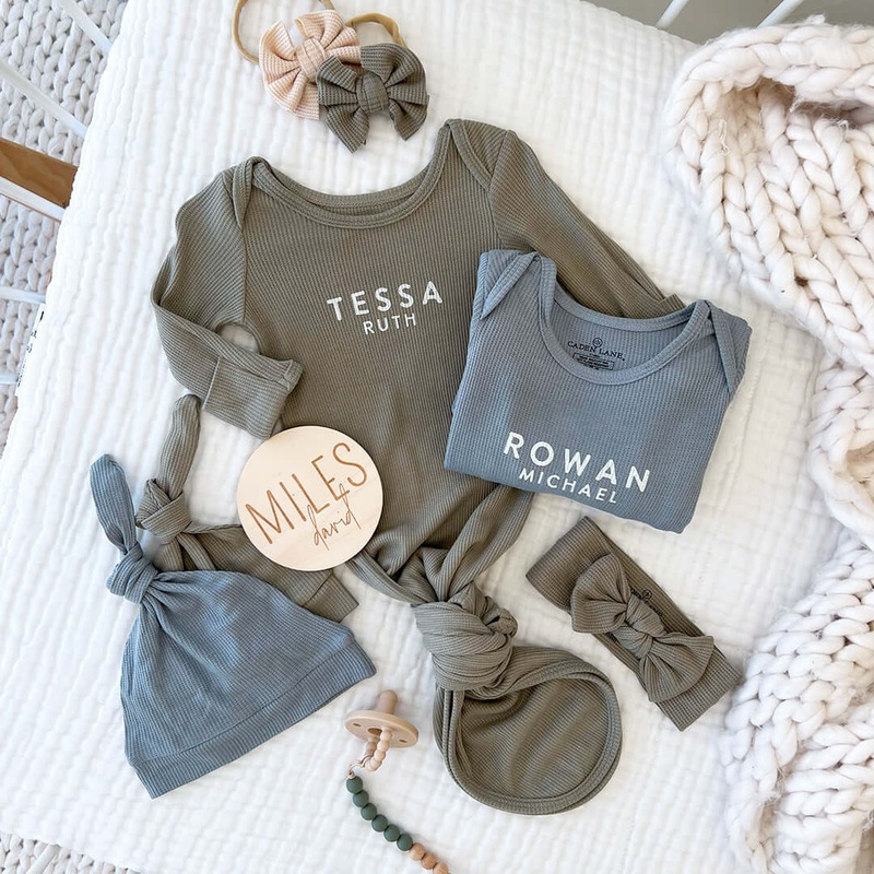 Personalized Bamboo Newborn Baby Knot Gown | Nature Neutrals – Block