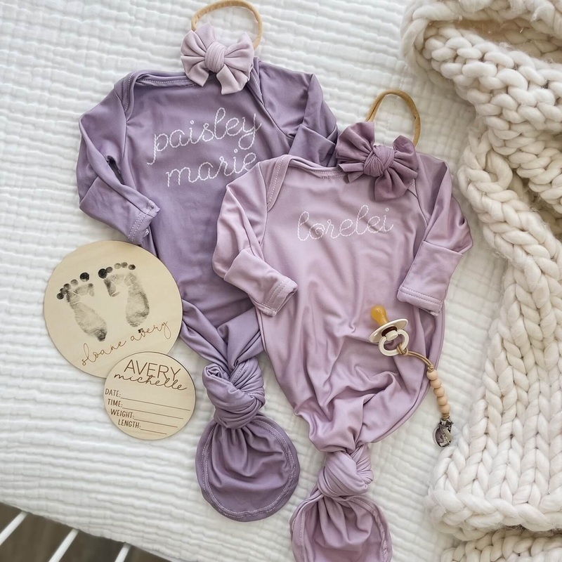 Personalized Stitched Newborn Baby Knot Gown | Lavender Dreams