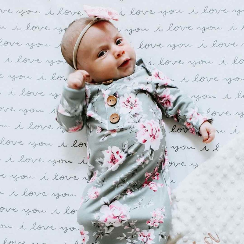 Saylor’s Sage & Blush Floral Newborn Baby Knot Gown & Hat Set