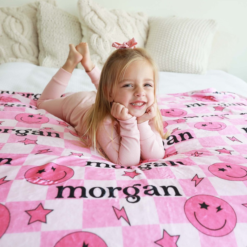 Smiley Face Check Personalized Kids Blanket | Pink