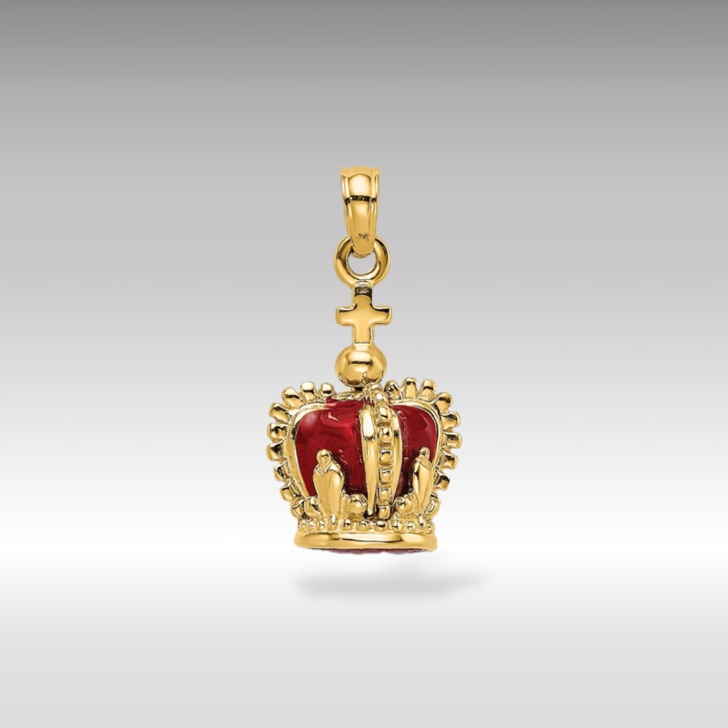 Gold 3D Crown Pendant with Red Enamel and Cross