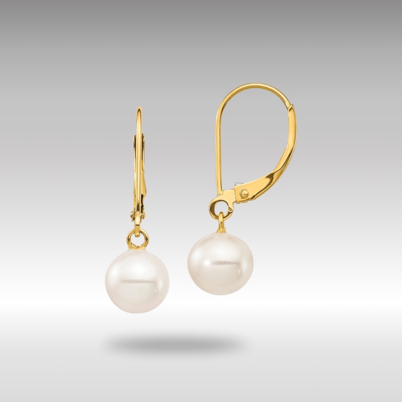 Gold 7-8mm White Round Freshwater Cultured Pearl Leverback Earrings Model-XF725E