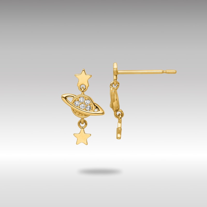 Gold CZ Saturn and Stars Dangle Post Earrings – Model YE2050