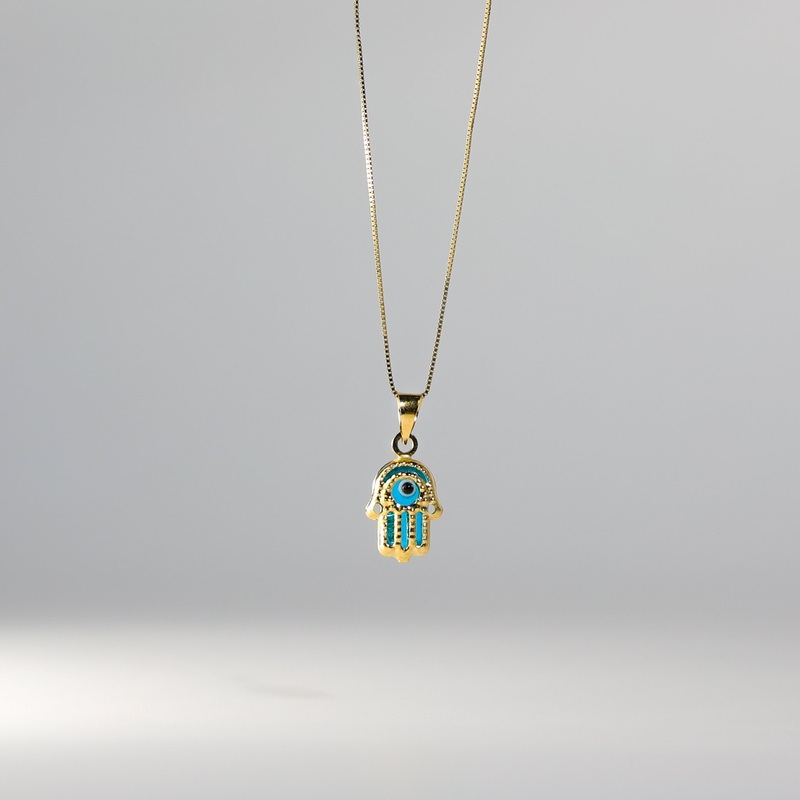 Gold Dainty Blue Evil Eye Hamsa Hand Pendant – Model 1718