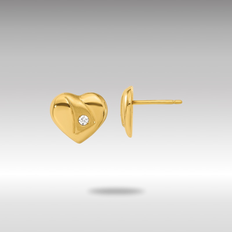 Gold Polished and Satin CZ Heart Post Earrings – Model XY852