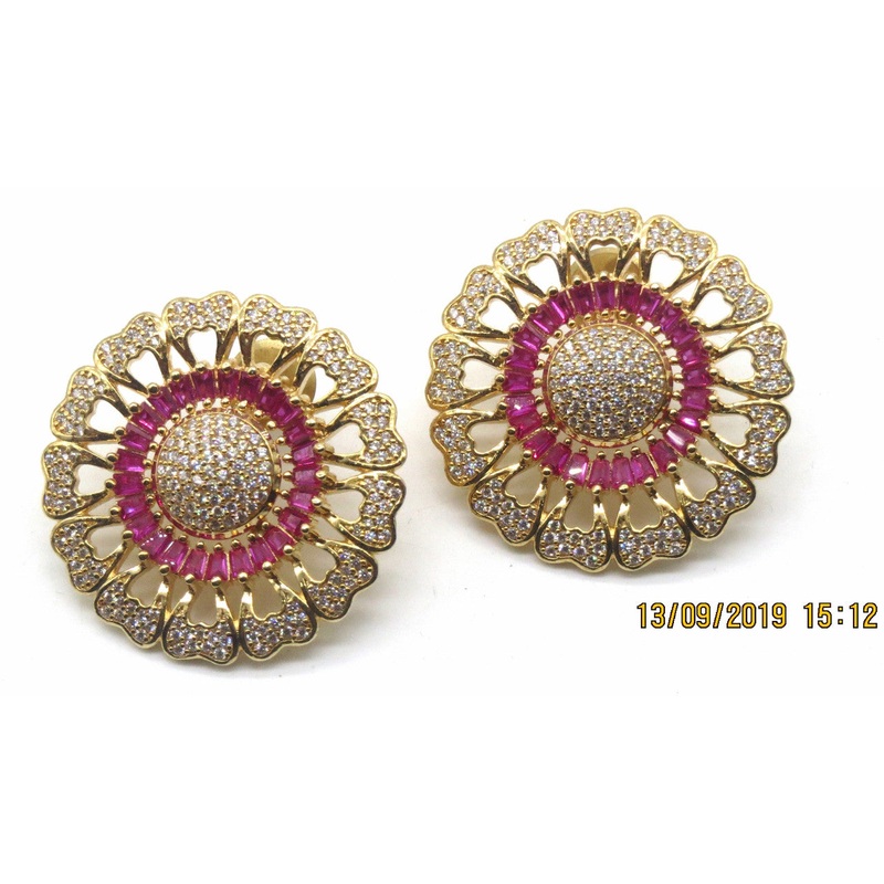 Jewelshingar Jewellery American Diamond Gold Plated Ruby Colour Stud Earrings For Women ( 70381GJT )