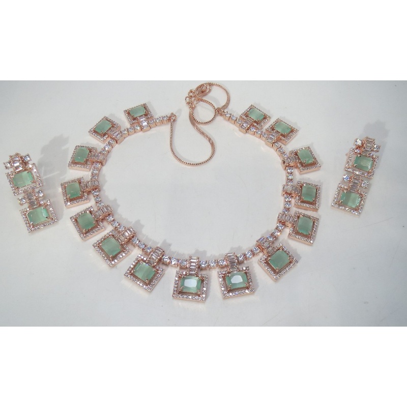 Jewelshingar Jewellery Fine American Diamond Gold Plated Green Colour Necklace For Women ( 60876NAD )