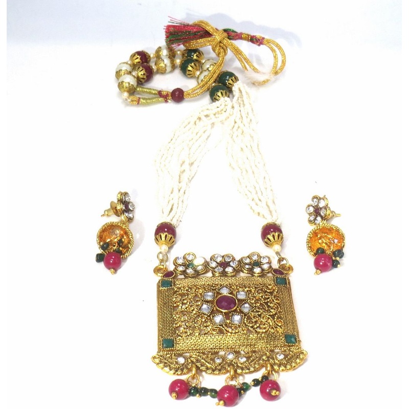 Jewelshingar Jewellery Fine Antique Polki Kundan Antique Plated Multi Colour Colour Necklace For Women ( 60671ASP )