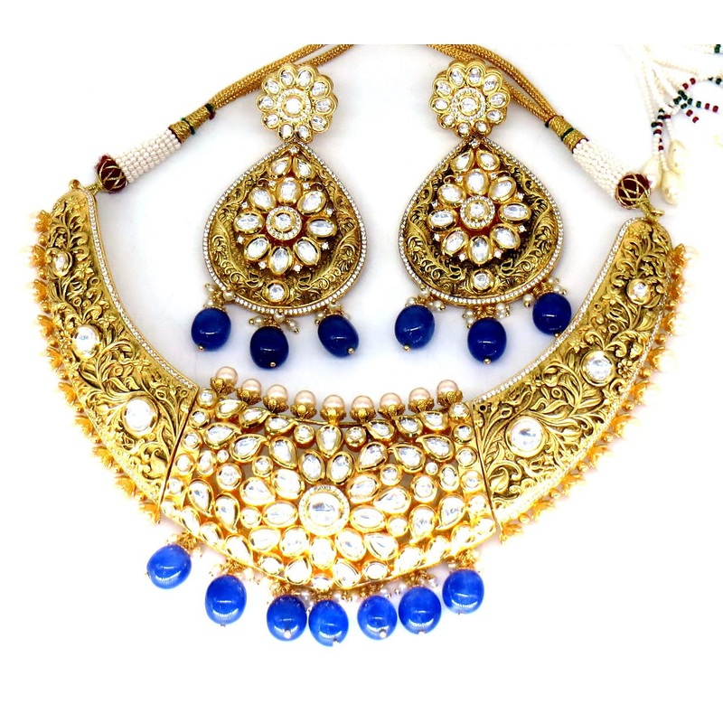 Jewelshingar Jewellery Fine Antique Polki Kundan Gold Plated Blue Colour Necklace For Women ( 62448ACS )