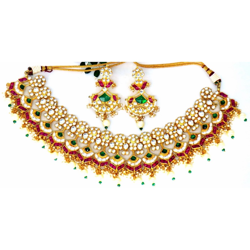 Jewelshingar Jewellery Fine Antique Polki Kundan Gold Plated Multi Colour Necklace For Women ( 61325ACS )