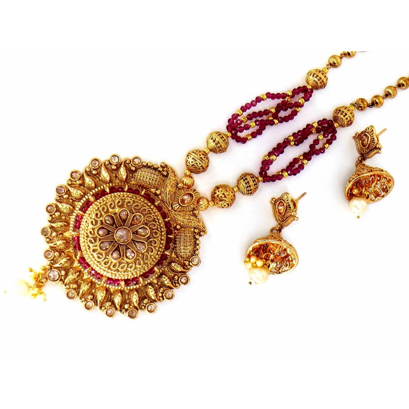 Jewelshingar Jewellery Fine Antique Polki Kundan Gold Plated Pink Colour Necklace For Women ( 60339ASP )