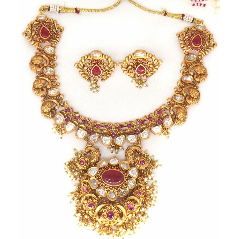 Jewelshingar Jewellery Fine Antique Polki Kundan Gold Plated Pink Colour Necklace For Women ( 61277AST )