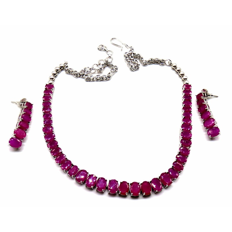 Jewelshingar Jewellery Rhodium Plated Colour Ruby Necklace Set For Women ( 51375NAD )