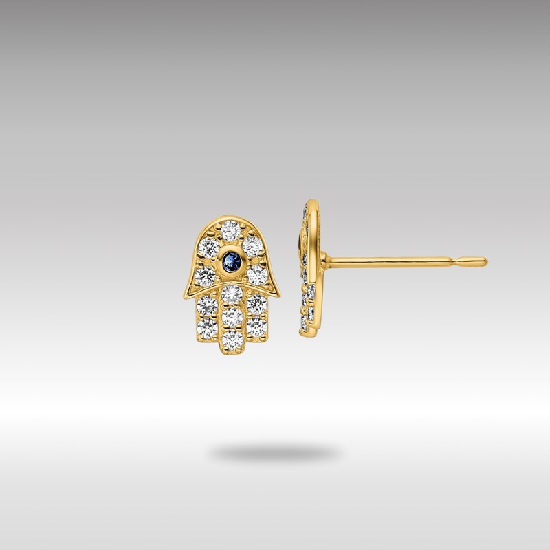 Gold CZ and Blue Glass Stone Hamsa Post Earrings – Model YE2133
