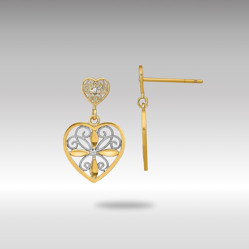 Gold Flower and Heart Beaded Filigree Dangle Earrings – Model TE935