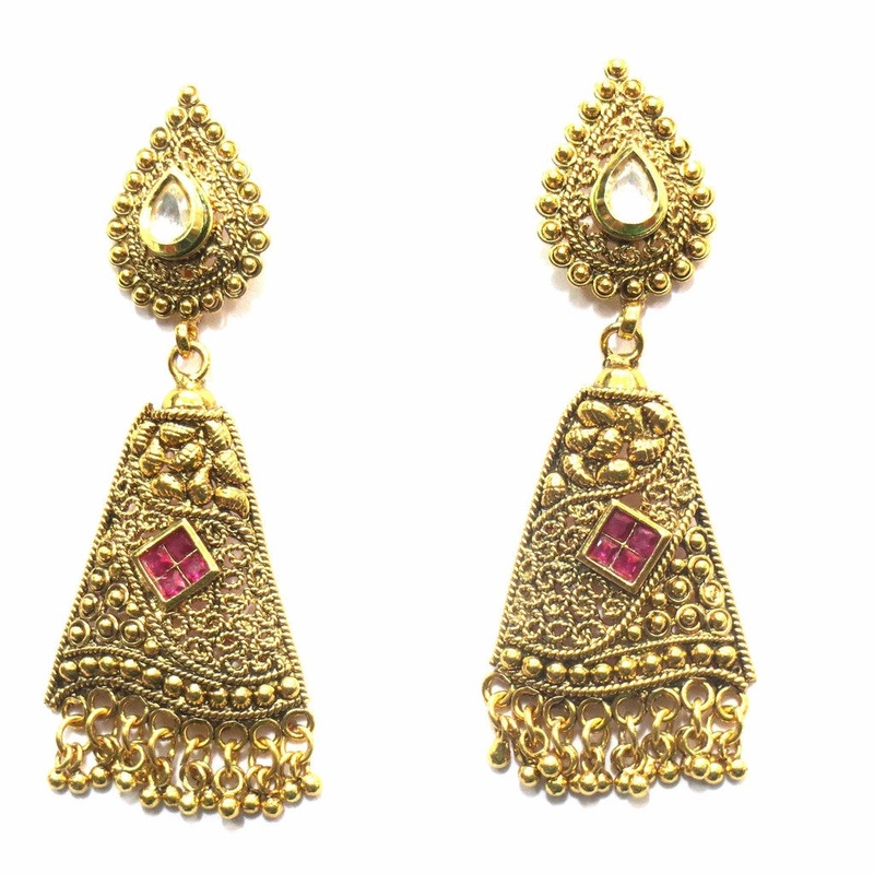 Jewelshingar Jewellery Antique Gold Plated Polki Kundan Earrings Danglers For Women ( 16040-pe-red )