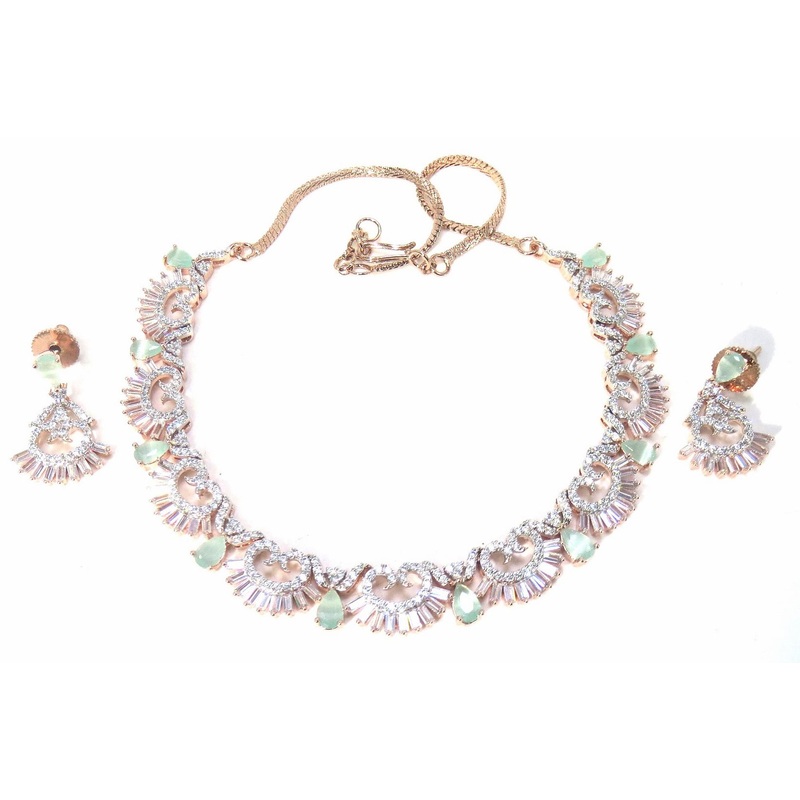 Jewelshingar Jewellery Fine American Diamond Gold Plated Green Colour Necklace For Women ( 60884NAD )