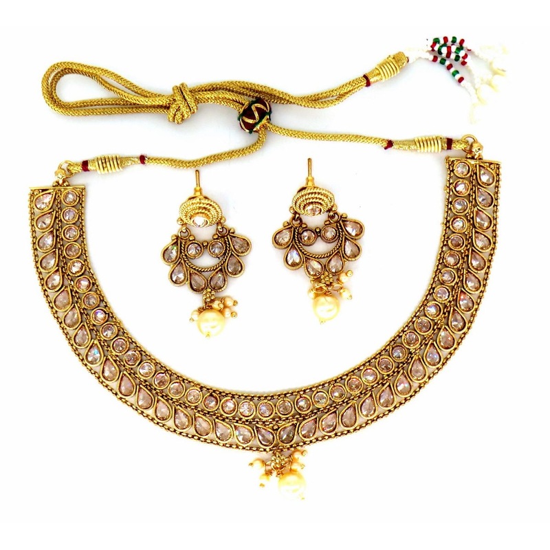 Jewelshingar Jewellery Fine Antique Polki Kundan Gold Plated Gold Colour Necklace For Women ( 60360ASP )