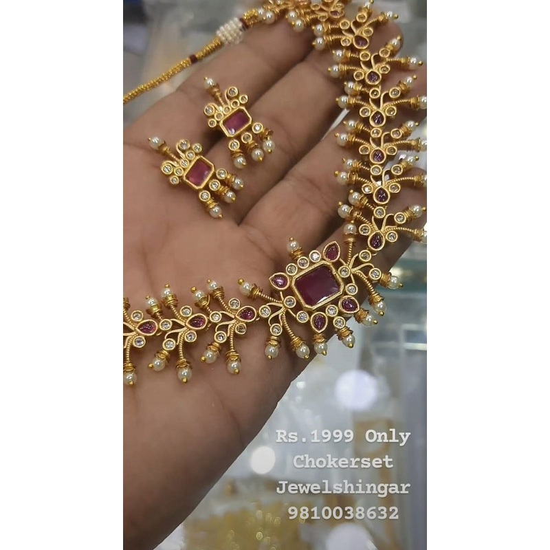 Zircon Necklace In Ruby Colour And Gold Plating By  NKWA0140