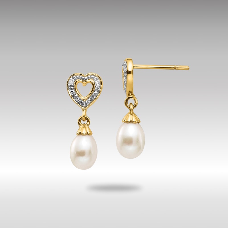 Gold 7x5mm Teardrop FWC Pearl .01ct Heart Diamond Dangle Earrings – Model XE2498AA