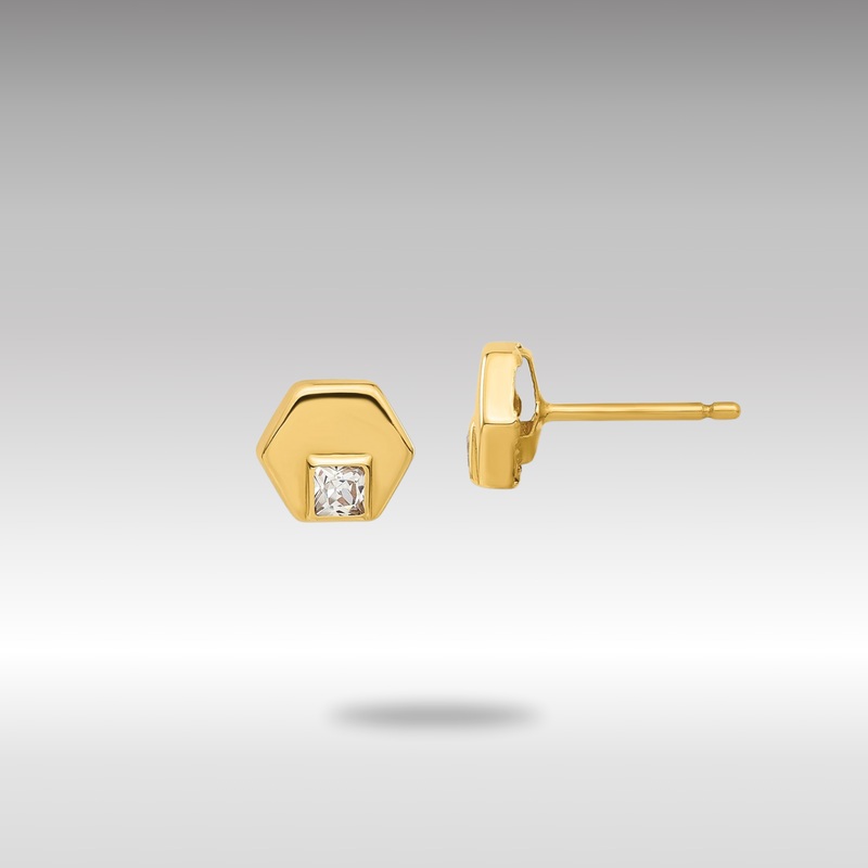 Gold Polished Hexagon CZ Post Earrings – Model YE255