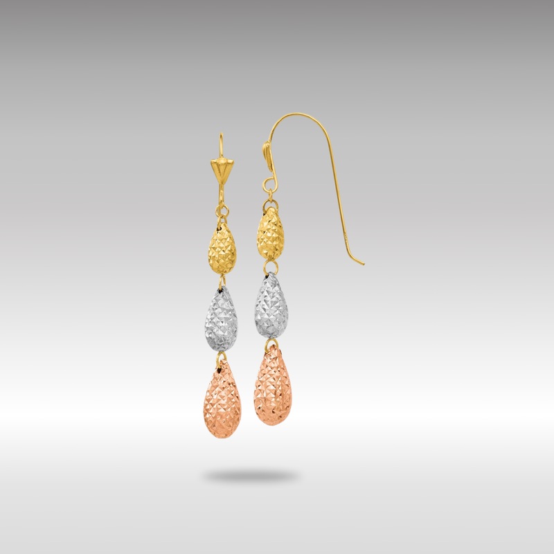 Gold Tri-color Puff Diamond-cut Teardrop Dangle Earrings – Model TL476